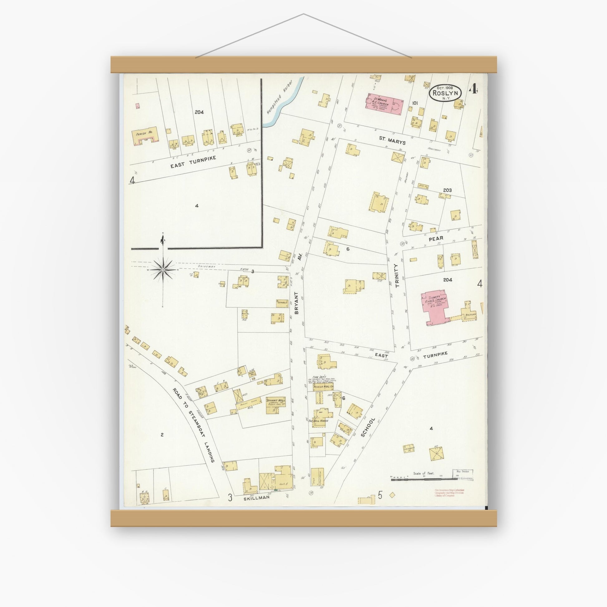 Old map wall art mockup — magnetic wood frame on white wall — Sanborn Fire Insurance Map from Roslyn, Nassau County, New York (1908), Sheet #0004