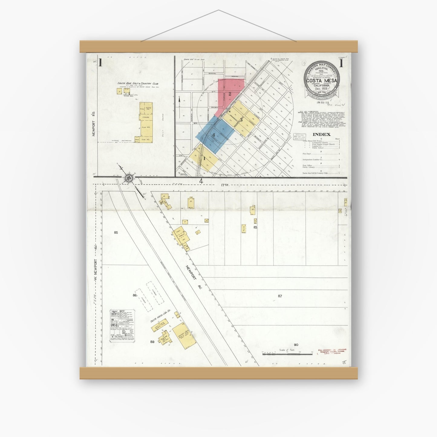 Old map wall art mockup — magnetic wood frame on white wall — Sanborn Fire Insurance Map from Costa Mesa, Orange County, California (1928) - Complete Map Set