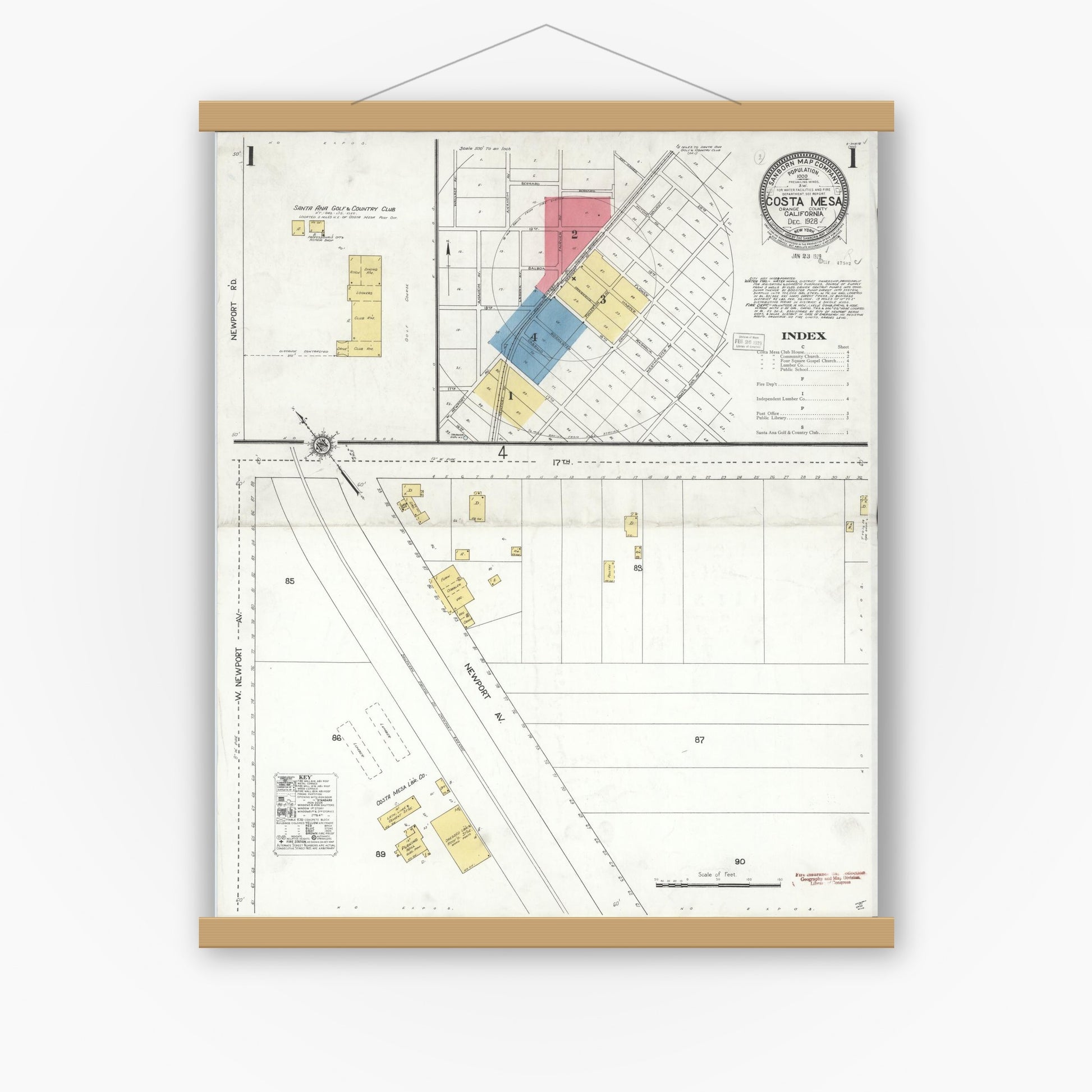 Old map wall art mockup — magnetic wood frame on white wall — Sanborn Fire Insurance Map from Costa Mesa, Orange County, California (1928) - Complete Map Set