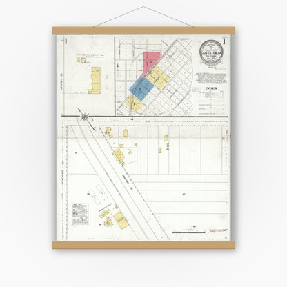 Old map wall art mockup — magnetic wood frame on white wall — Sanborn Fire Insurance Map from Costa Mesa, Orange County, California (1928) - Complete Map Set