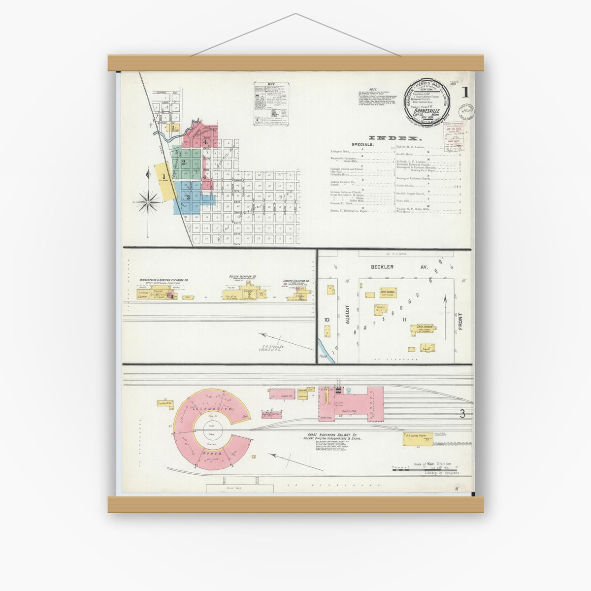 Old map wall art mockup — magnetic wood frame on white wall — Sanborn Fire Insurance Map from Barnesville, Clay County, Minnesota (1899) - Complete Map Set