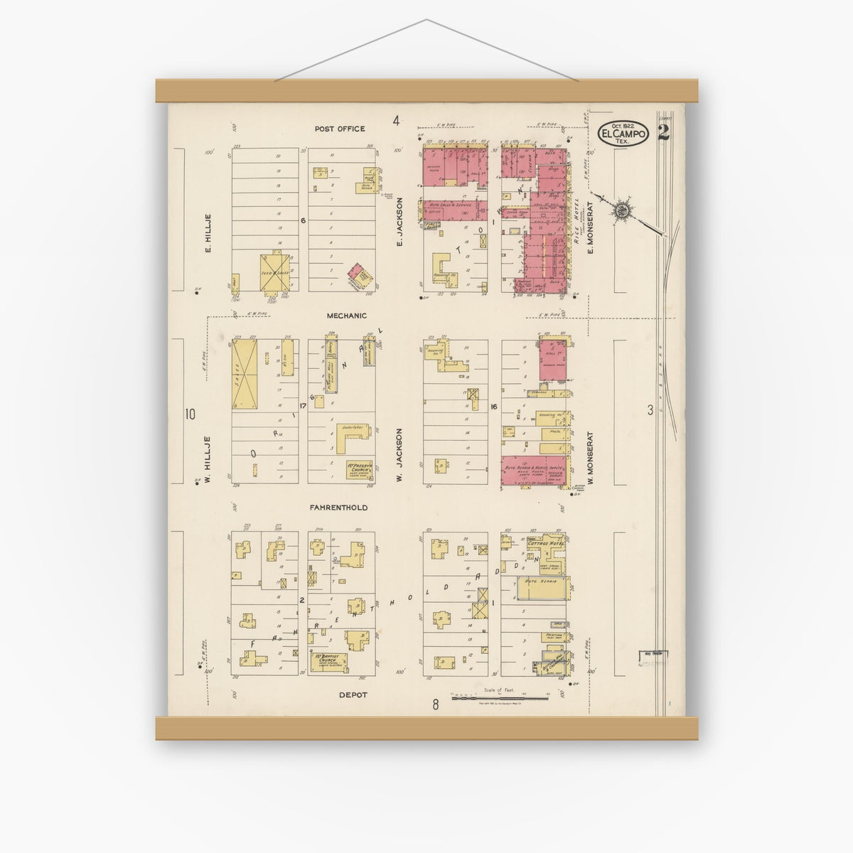 Old map wall art mockup — magnetic wood frame on white wall — Sanborn Fire Insurance Map from El Campo, Wharton County, Texas (1922), Sheet #0002