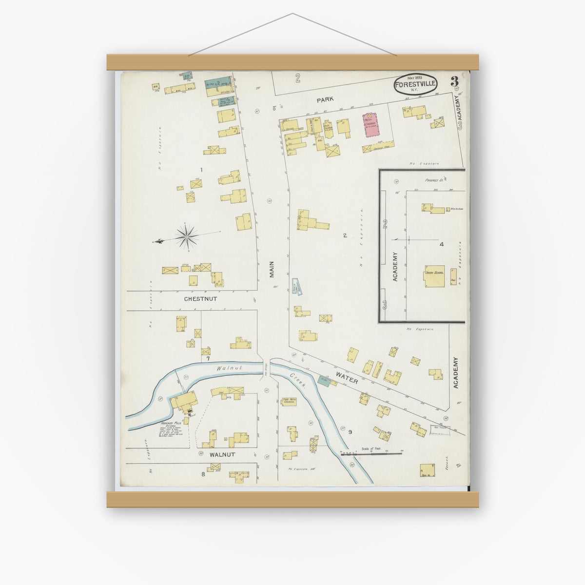 Old map wall art mockup — magnetic wood frame on white wall — Sanborn Fire Insurance Map from Forestville, Chautauqua County, New York (1893), Sheet #0003