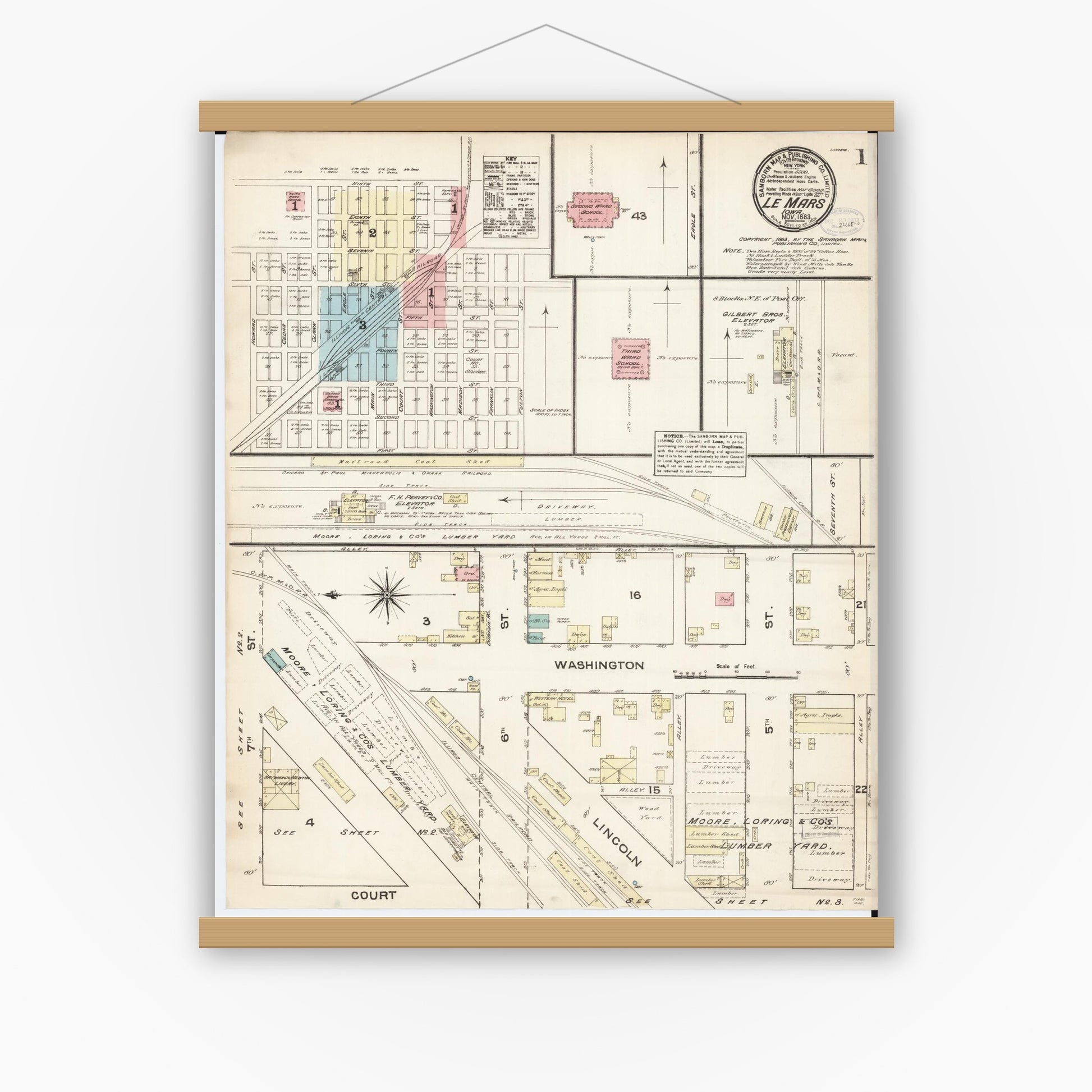 Old map wall art mockup — magnetic wood frame on white wall — Sanborn Fire Insurance Map from Le Mars, Plymouth County, Iowa (1883), Sheet #0001
