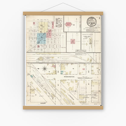 Old map wall art mockup — magnetic wood frame on white wall — Sanborn Fire Insurance Map from Le Mars, Plymouth County, Iowa (1883), Sheet #0001