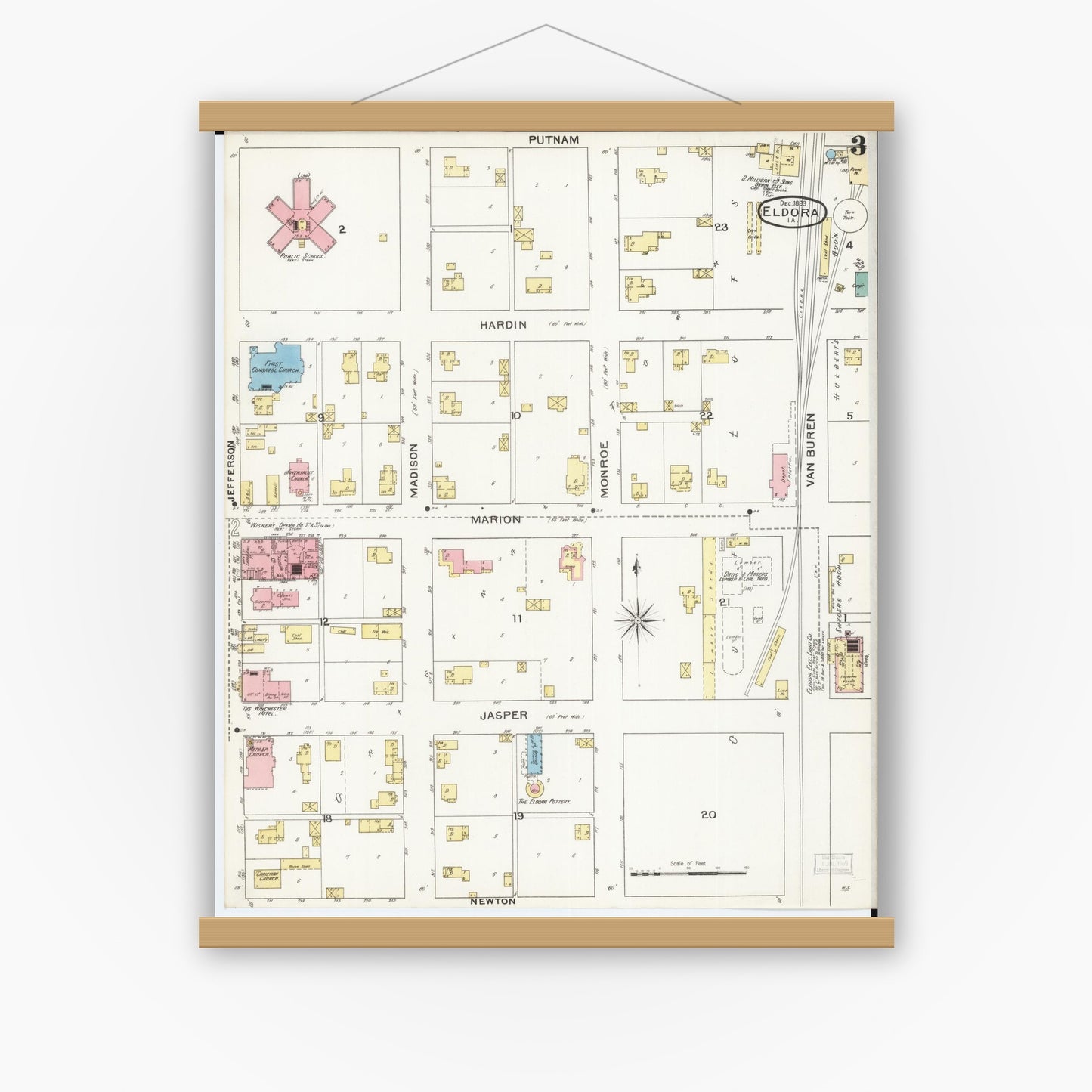 Old map wall art mockup — magnetic wood frame on white wall — Sanborn Fire Insurance Map from Eldora, Hardin County, Iowa (1893), Sheet #0003
