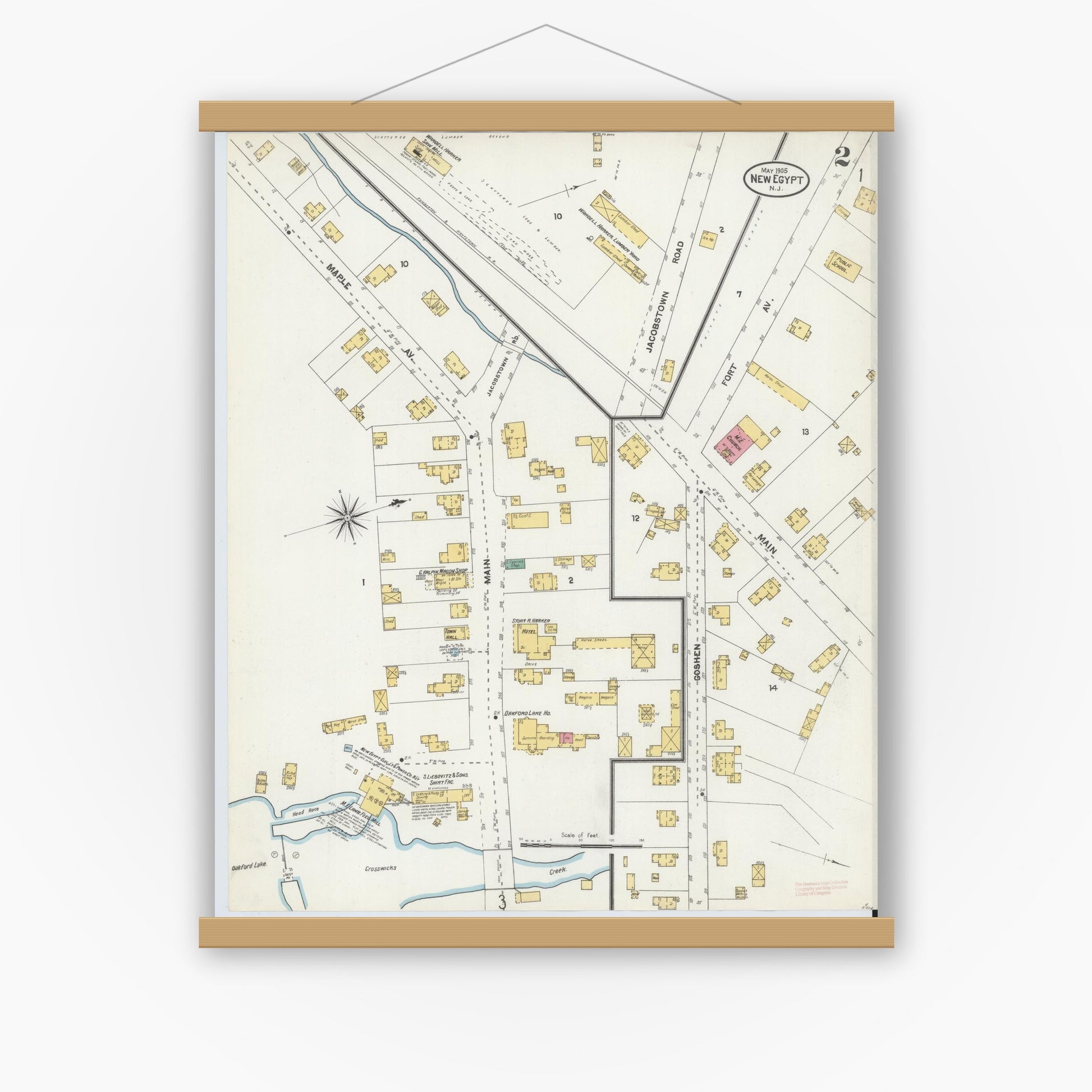 Old map wall art mockup — magnetic wood frame on white wall — Sanborn Fire Insurance Map from New Egypt, Ocean County, New Jersey (1905), Sheet #0002
