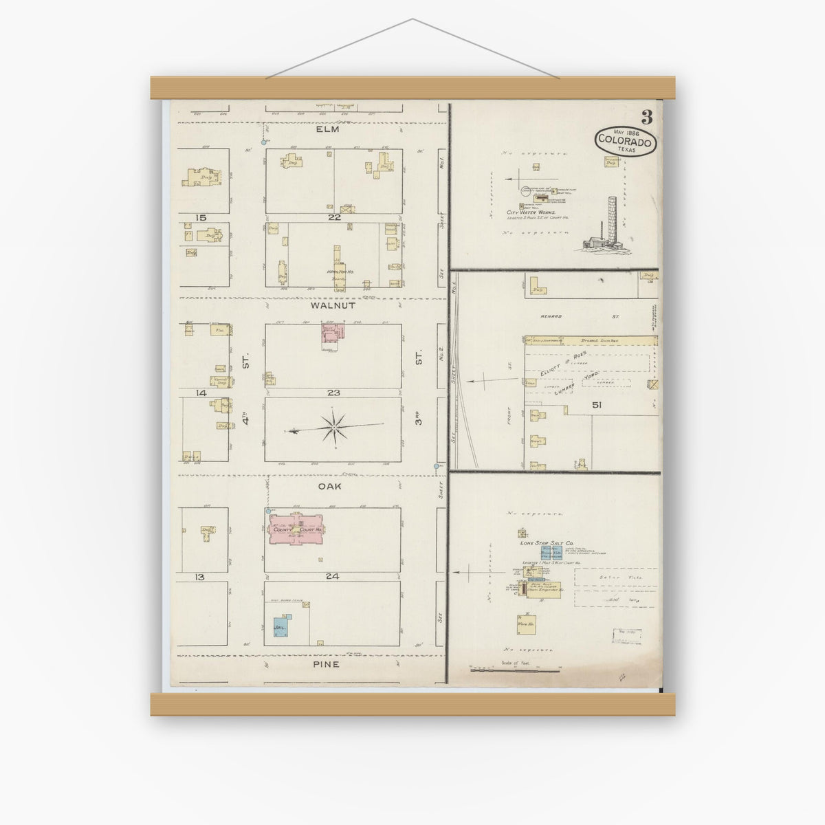 Old map wall art mockup — magnetic wood frame on white wall — Sanborn Fire Insurance Map from Colorado, Mitchell County, Texas (1886), Sheet #0003