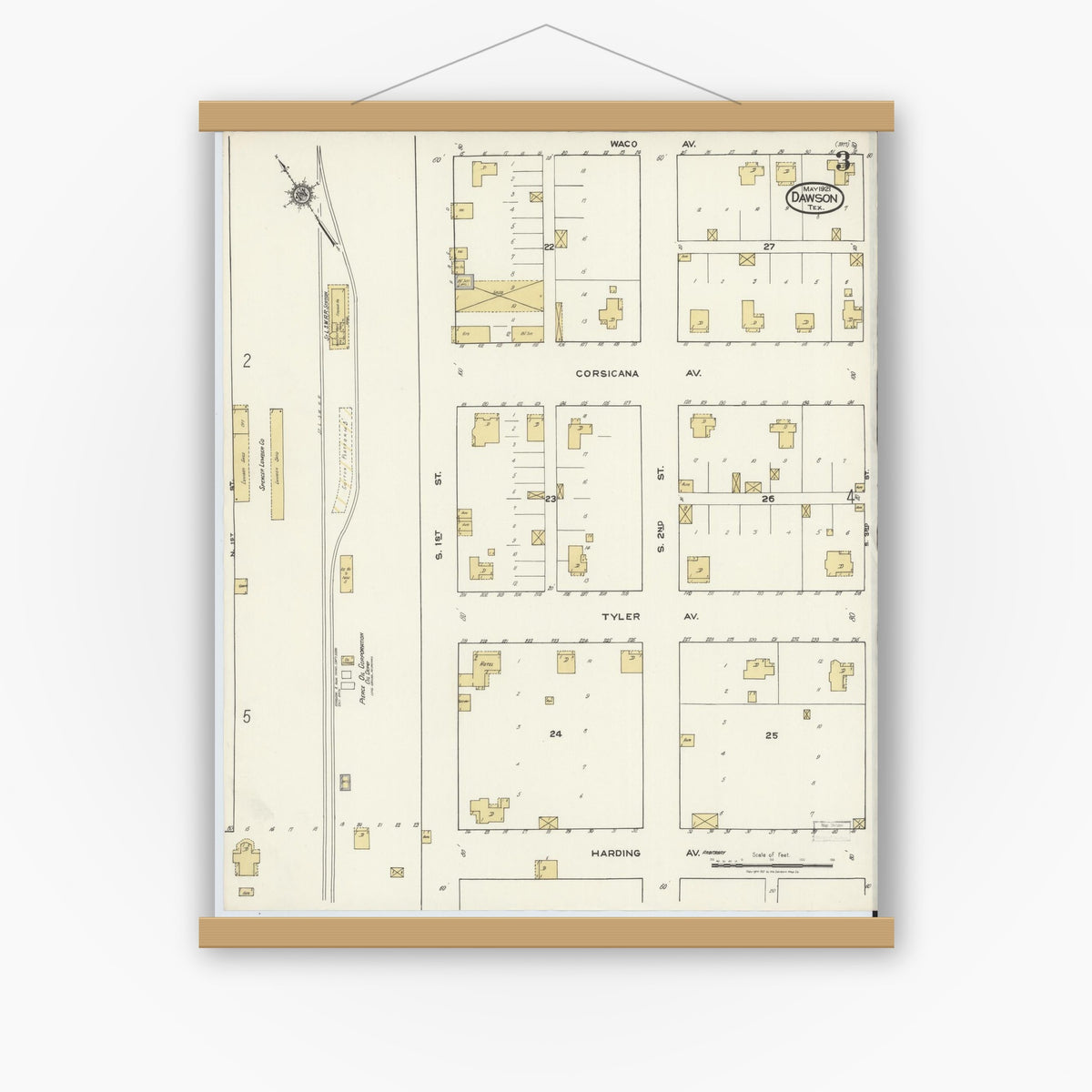 Old map wall art mockup — magnetic wood frame on white wall — Sanborn Fire Insurance Map from Dawson, Navarro County, Texas (1921), Sheet #0003