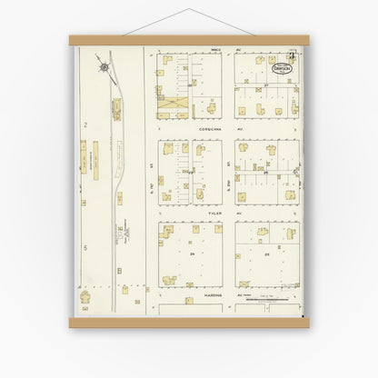 Old map wall art mockup — magnetic wood frame on white wall — Sanborn Fire Insurance Map from Dawson, Navarro County, Texas (1921), Sheet #0003