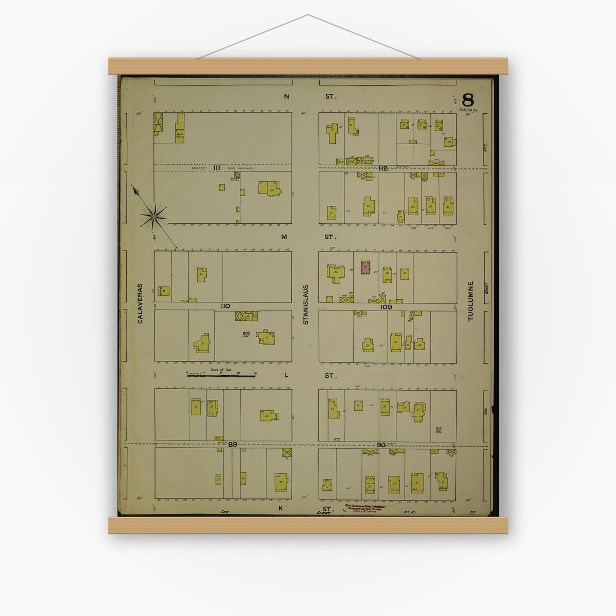 Old map wall art mockup — magnetic wood frame on white wall — Sanborn Fire Insurance Map from Fresno, Fresno County, California (1888), Sheet #0008