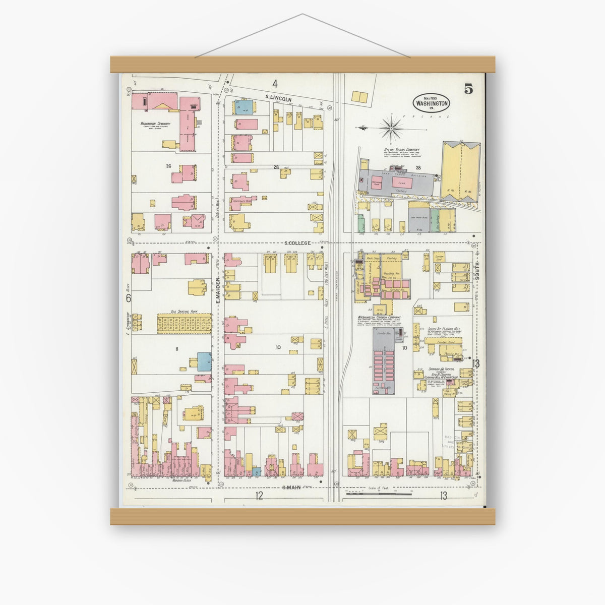 Old map wall art mockup — magnetic wood frame on white wall — Sanborn Fire Insurance Map from Washington, Washington County, Pennsylvania (1900), Sheet #0005