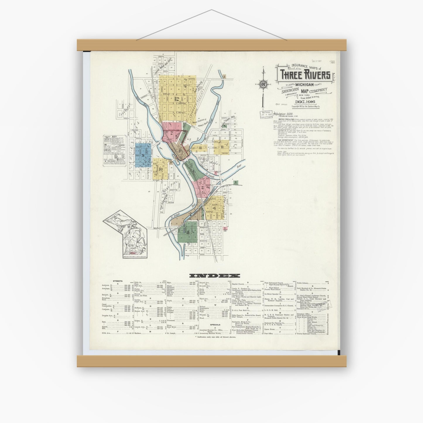 Old map wall art mockup — magnetic wood frame on white wall — Sanborn Fire Insurance Map from Three Rivers, Saint Joseph County, Michigan (1916) - Complete Map Set