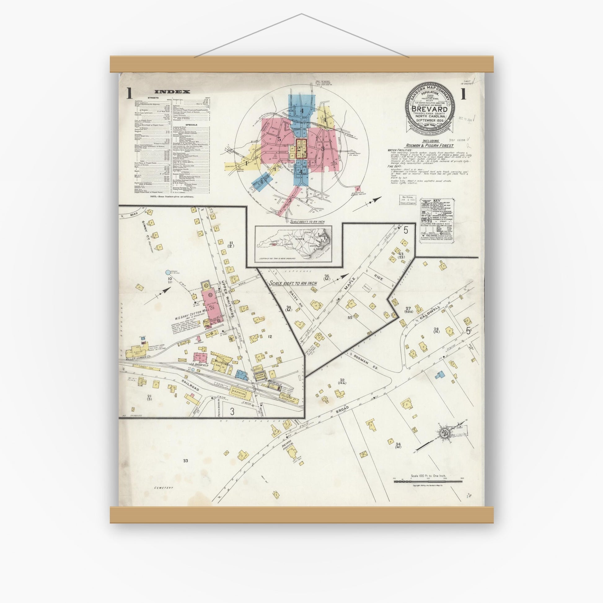 Old map wall art mockup — magnetic wood frame on white wall — Sanborn Fire Insurance Map from Brevard, Transylvania County, North Carolina (1924), Sheet #0001