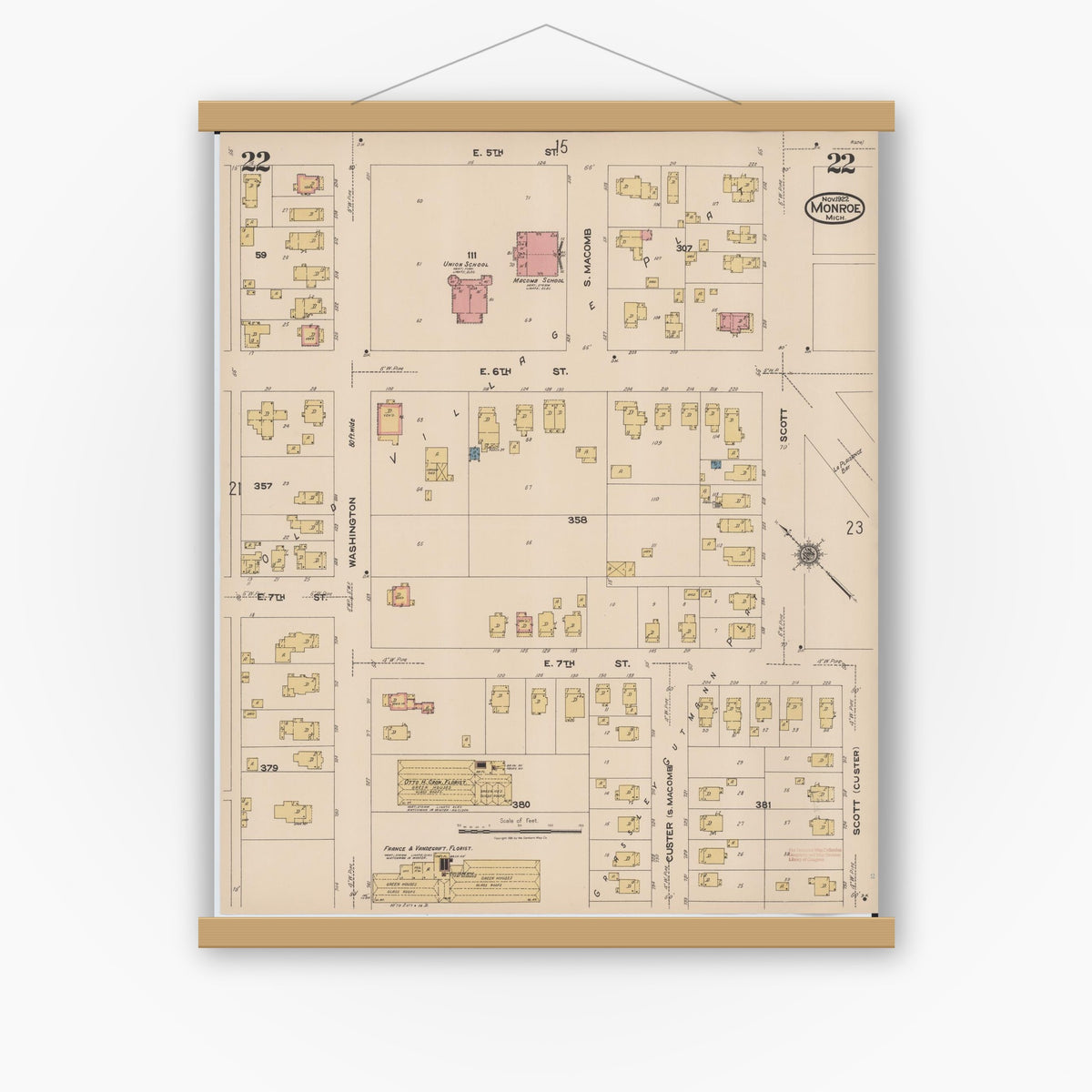 Old map wall art mockup — magnetic wood frame on white wall — Sanborn Fire Insurance Map from Monroe, Monroe County, Michigan (1922), Sheet #0022