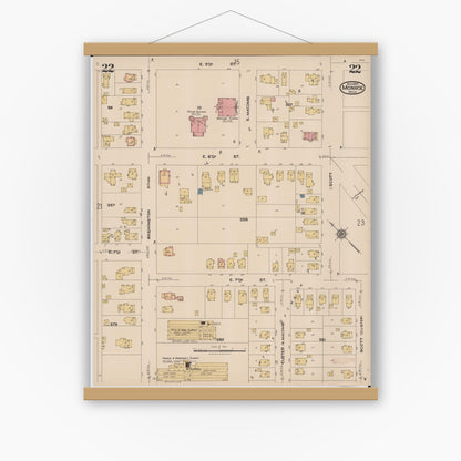 Old map wall art mockup — magnetic wood frame on white wall — Sanborn Fire Insurance Map from Monroe, Monroe County, Michigan (1922), Sheet #0022