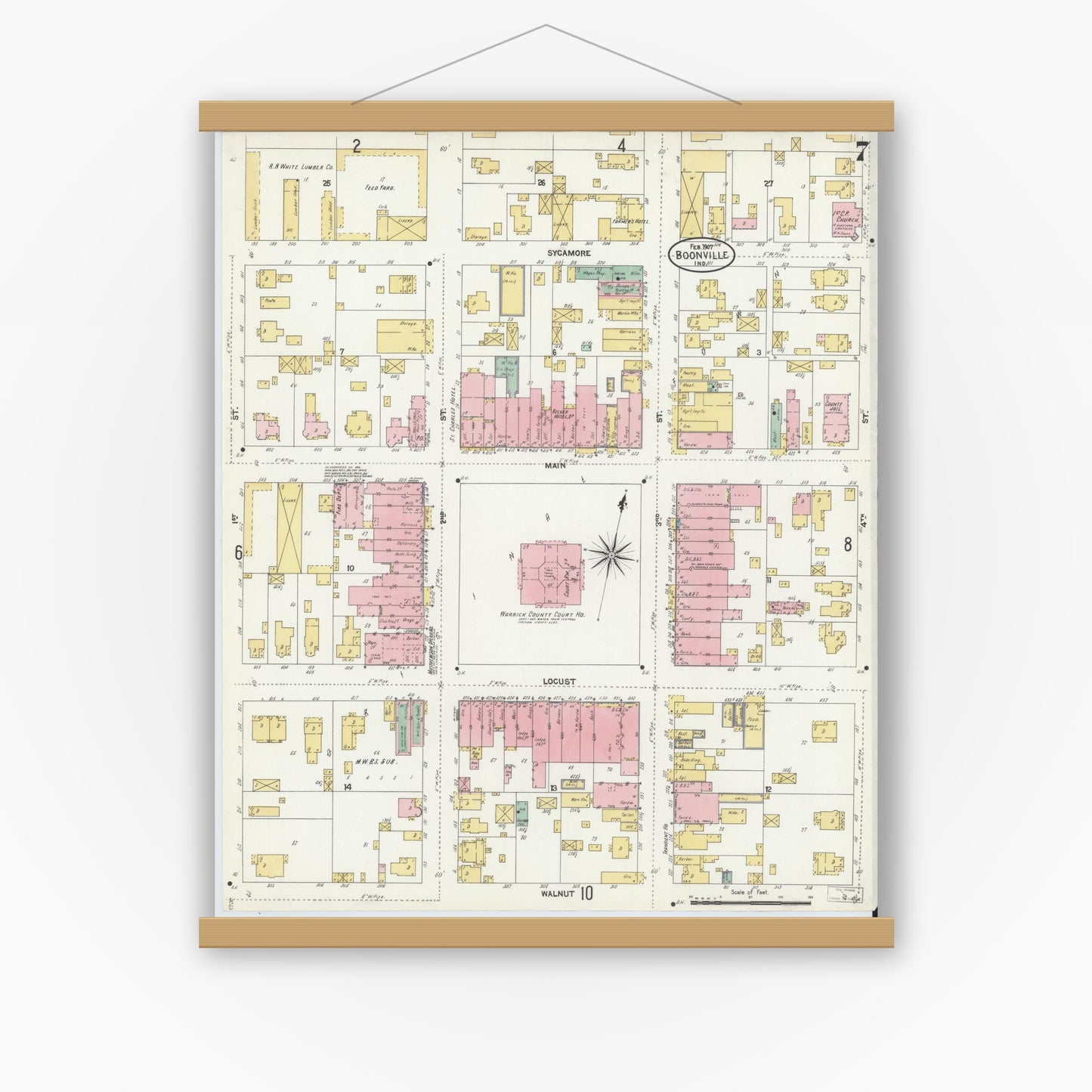 Old map wall art mockup — magnetic wood frame on white wall — Sanborn Fire Insurance Map from Boonville, Warrick County, Indiana (1907), Sheet #0007