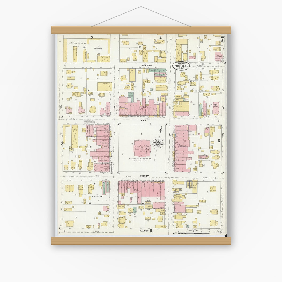 Old map wall art mockup — magnetic wood frame on white wall — Sanborn Fire Insurance Map from Boonville, Warrick County, Indiana (1907), Sheet #0007