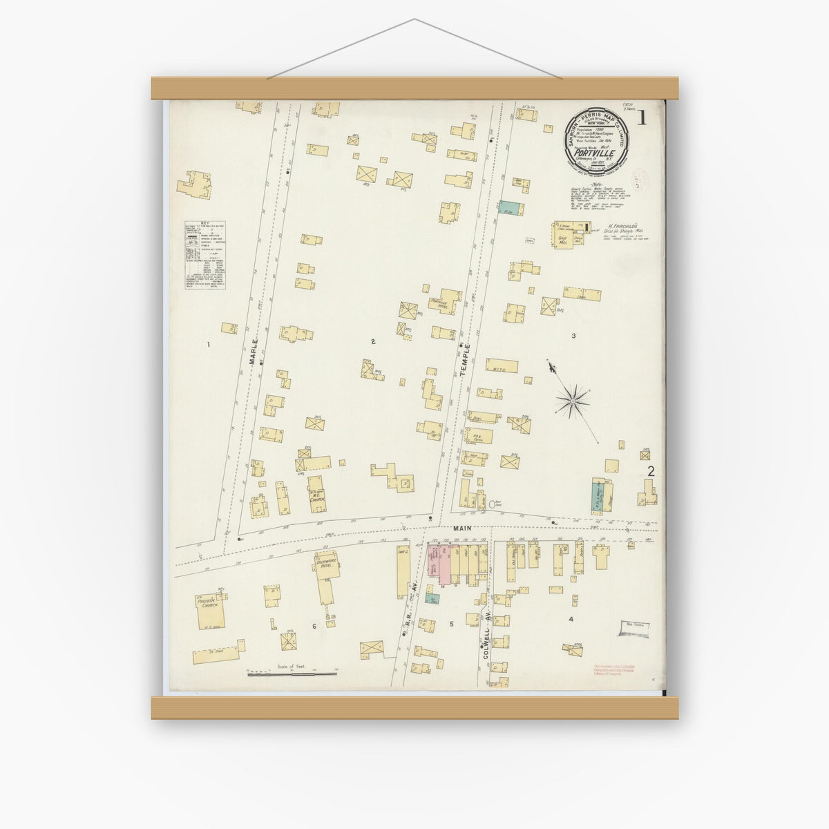 Old map wall art mockup — magnetic wood frame on white wall — Sanborn Fire Insurance Map from Portville, Cattaraugus County, New York (1897), Sheet #0001