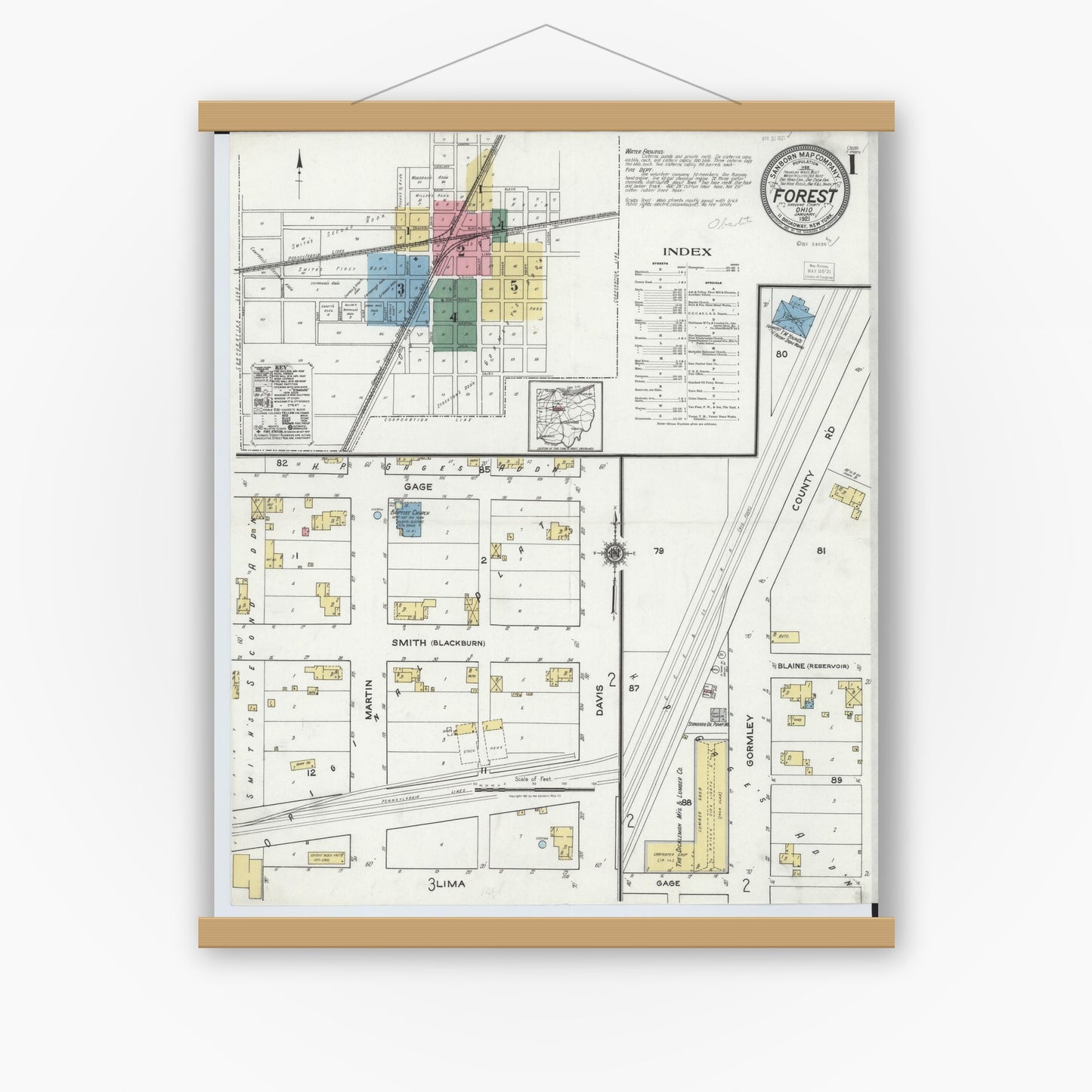 Old map wall art mockup — magnetic wood frame on white wall — Sanborn Fire Insurance Map from Forest, Hardin County, Ohio (1921), Sheet #0001