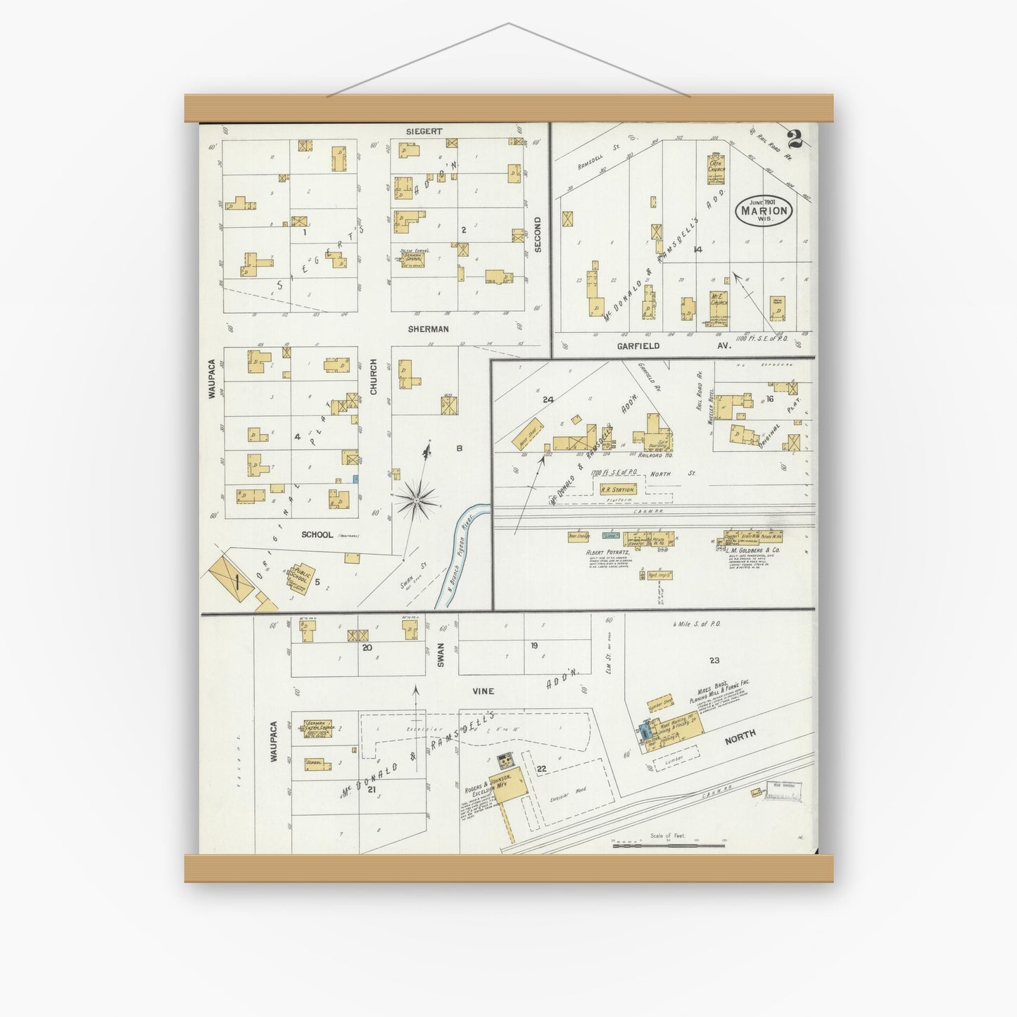 Old map wall art mockup — magnetic wood frame on white wall — Sanborn Fire Insurance Map from Marion, Waupaca County, Wisconsin (1901), Sheet #0002