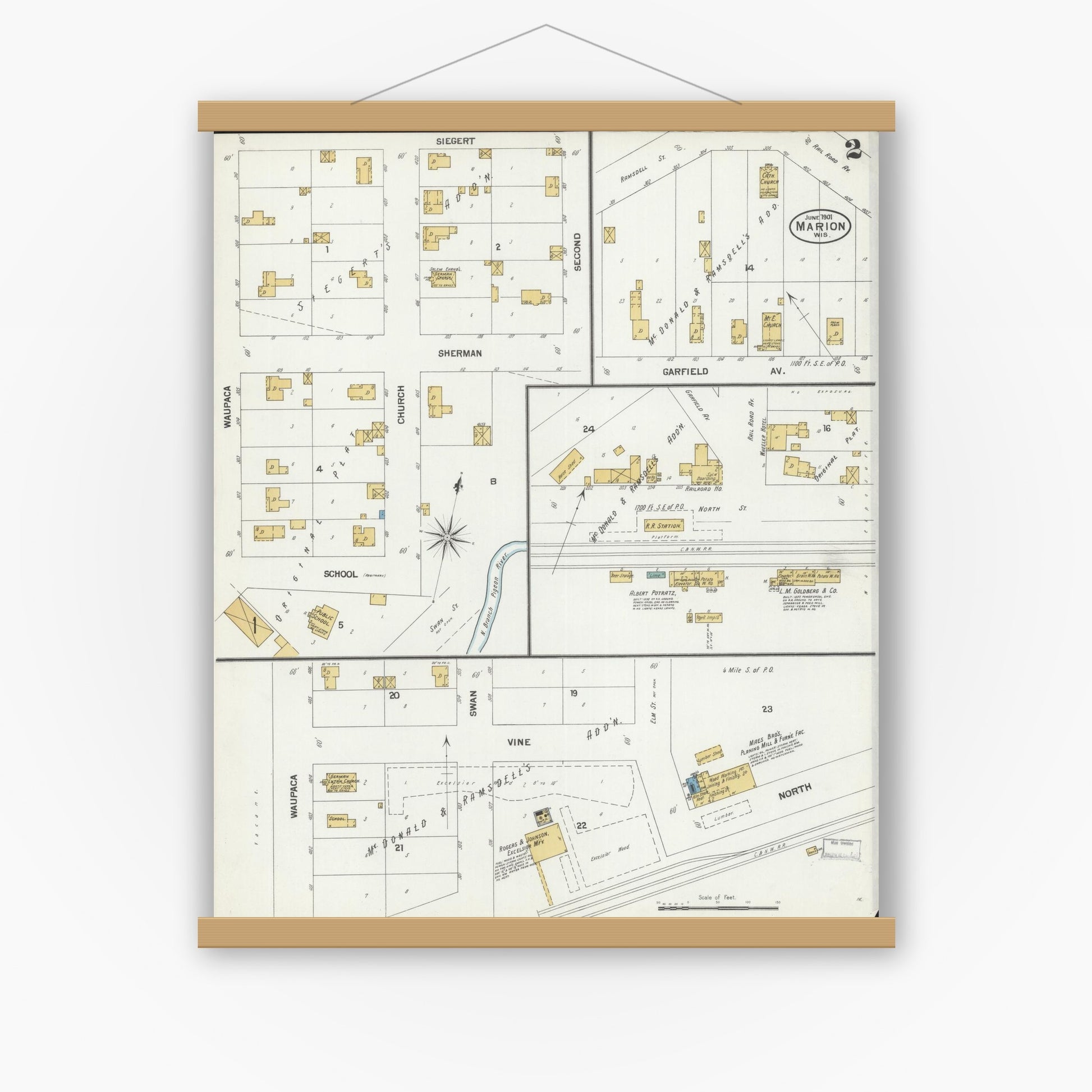 Old map wall art mockup — magnetic wood frame on white wall — Sanborn Fire Insurance Map from Marion, Waupaca County, Wisconsin (1901), Sheet #0002