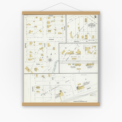 Old map wall art mockup — magnetic wood frame on white wall — Sanborn Fire Insurance Map from Marion, Waupaca County, Wisconsin (1901), Sheet #0002