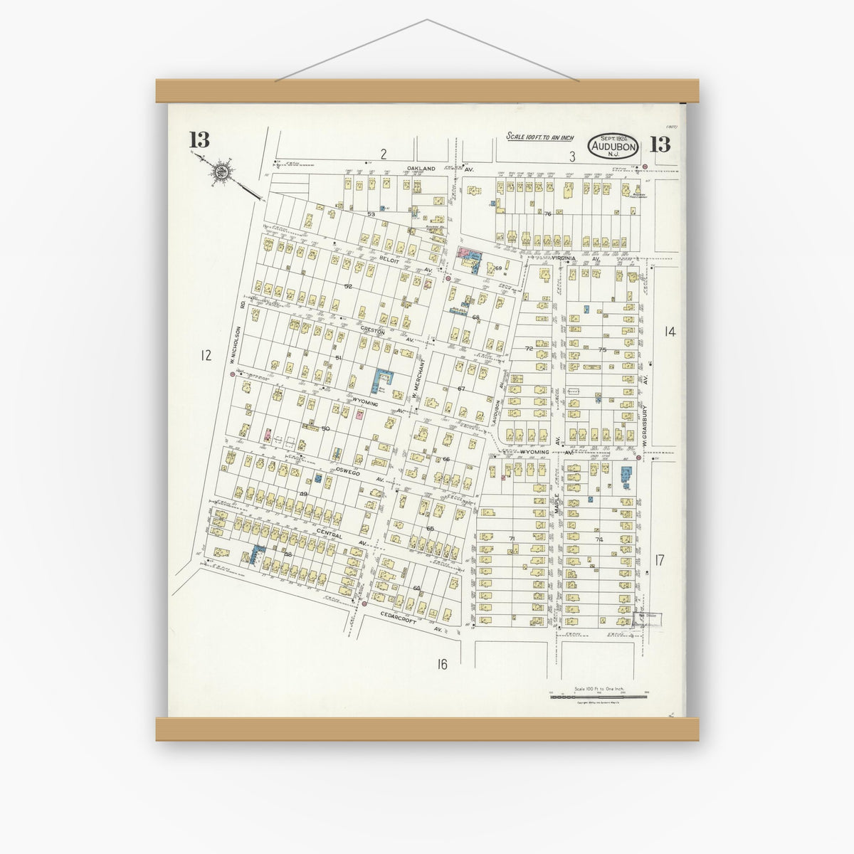 Old map wall art mockup — magnetic wood frame on white wall — Sanborn Fire Insurance Map from Audubon, Camden County, New Jersey (1924), Sheet #0013