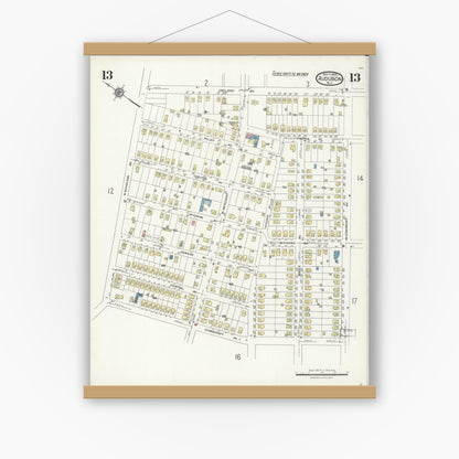 Old map wall art mockup — magnetic wood frame on white wall — Sanborn Fire Insurance Map from Audubon, Camden County, New Jersey (1924), Sheet #0013