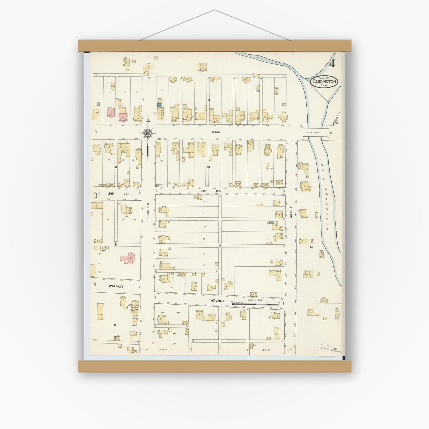 Old map wall art mockup — magnetic wood frame on white wall — Sanborn Fire Insurance Map from Cardington, Morrow County, Ohio (1912), Sheet #0004