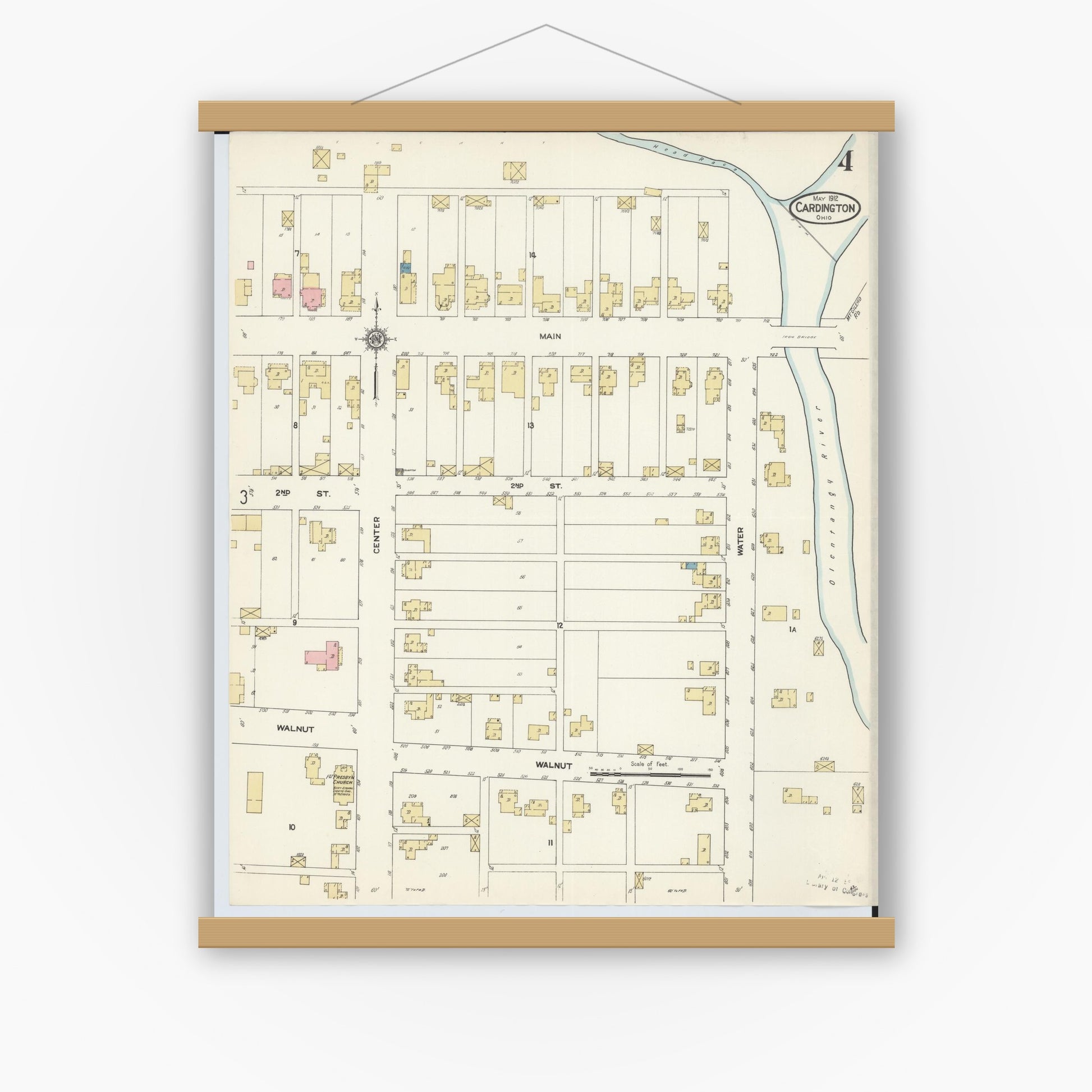 Old map wall art mockup — magnetic wood frame on white wall — Sanborn Fire Insurance Map from Cardington, Morrow County, Ohio (1912), Sheet #0004