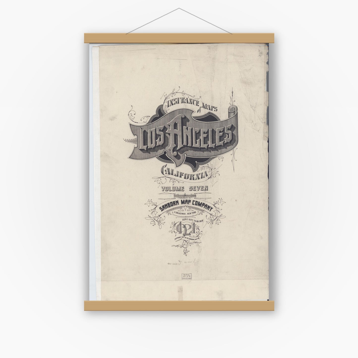 Old map wall art mockup — magnetic wood frame on white wall — Sanborn Fire Insurance Map from Los Angeles, Los Angeles County, California (1921), Sheet #0001