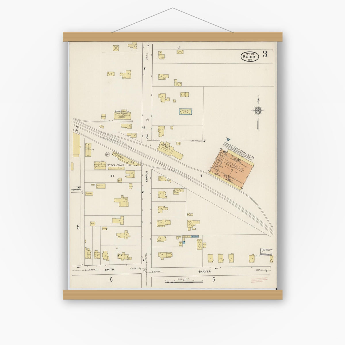 Old map wall art mockup — magnetic wood frame on white wall — Sanborn Fire Insurance Map from Sodus, Wayne County, New York (1915), Sheet #0003