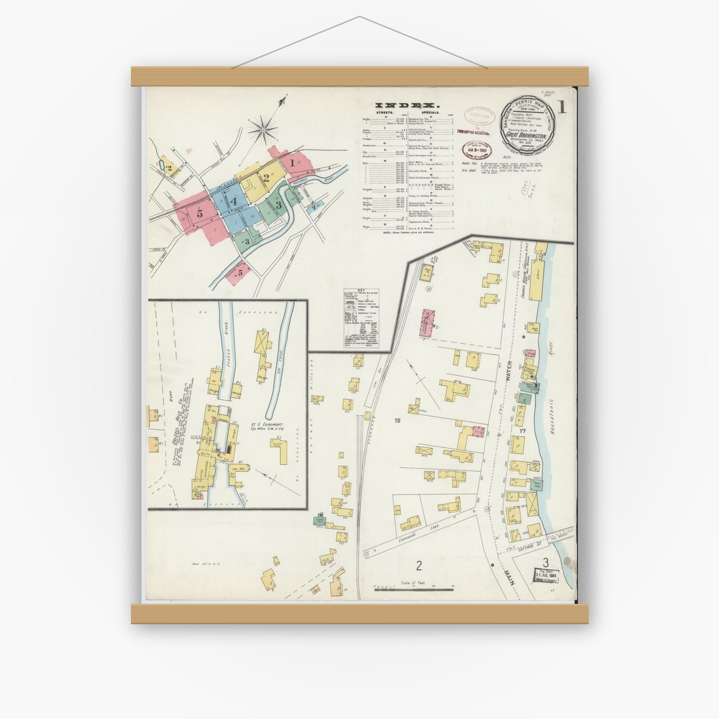 Old map wall art mockup — magnetic wood frame on white wall — Sanborn Fire Insurance Map from Great Barrington, Berkshire County, Massachusetts (1898), Sheet #0001