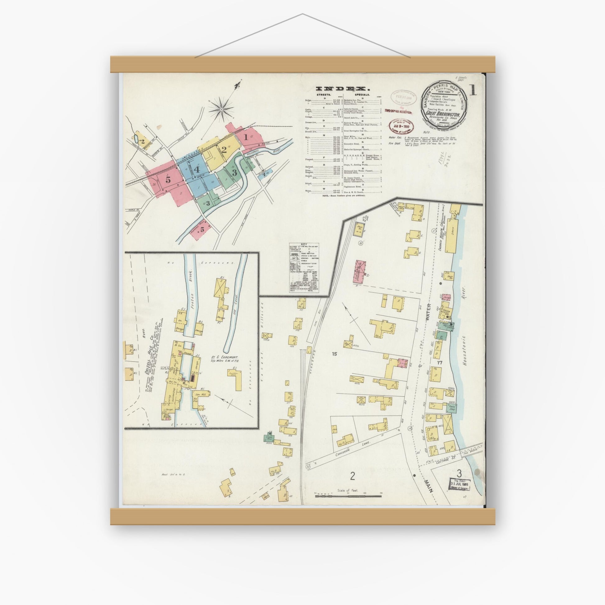 Old map wall art mockup — magnetic wood frame on white wall — Sanborn Fire Insurance Map from Great Barrington, Berkshire County, Massachusetts (1898), Sheet #0001