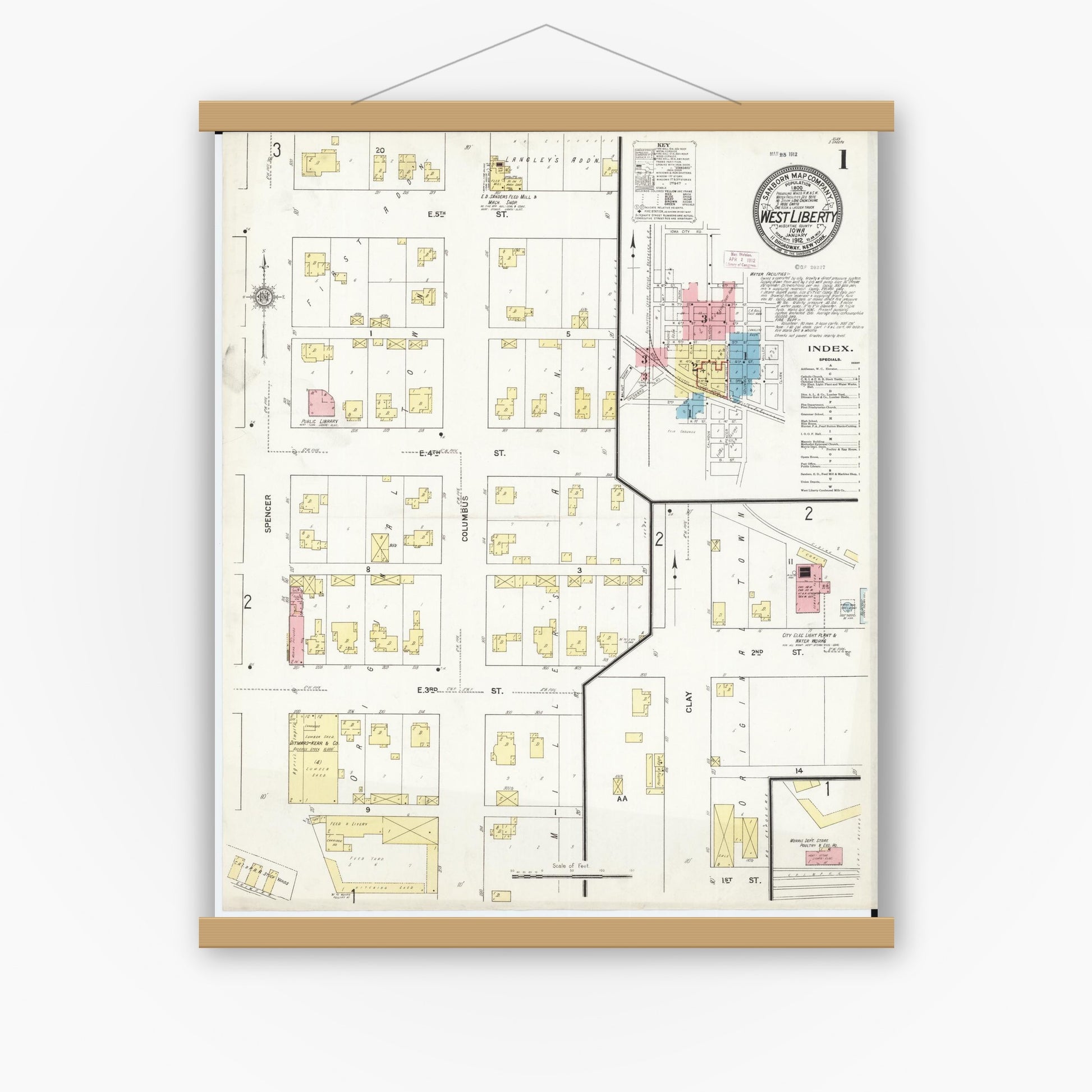 Old map wall art mockup — magnetic wood frame on white wall — Sanborn Fire Insurance Map from West Liberty, Muscatine County, Iowa (1912) â€” Complete Set