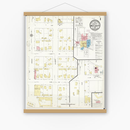 Old map wall art mockup — magnetic wood frame on white wall — Sanborn Fire Insurance Map from West Liberty, Muscatine County, Iowa (1912) â€” Complete Set