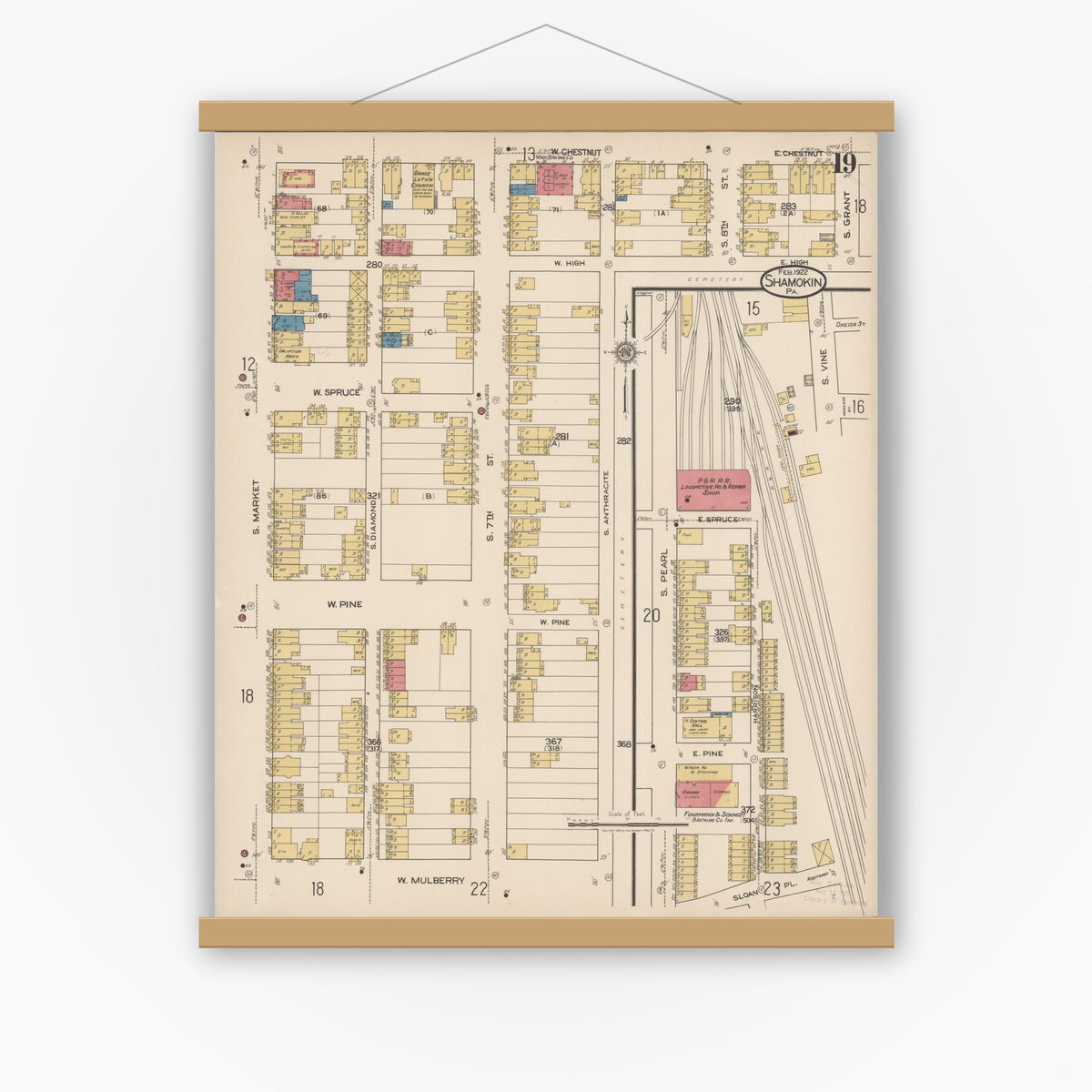 Old map wall art mockup — magnetic wood frame on white wall — Sanborn Fire Insurance Map from Shamokin, Northumberland County, Pennsylvania (1922), Sheet #0019