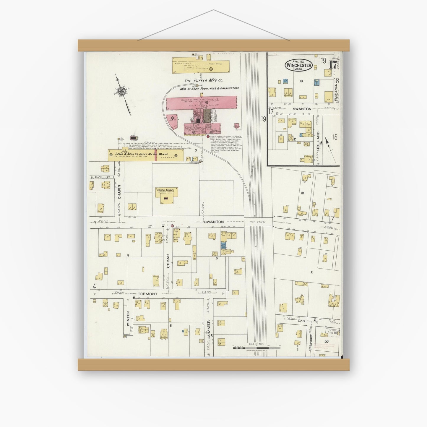 Old map wall art mockup — magnetic wood frame on white wall — Sanborn Fire Insurance Map from Winchester, Middlesex County, Massachusetts (1921), Sheet #0017