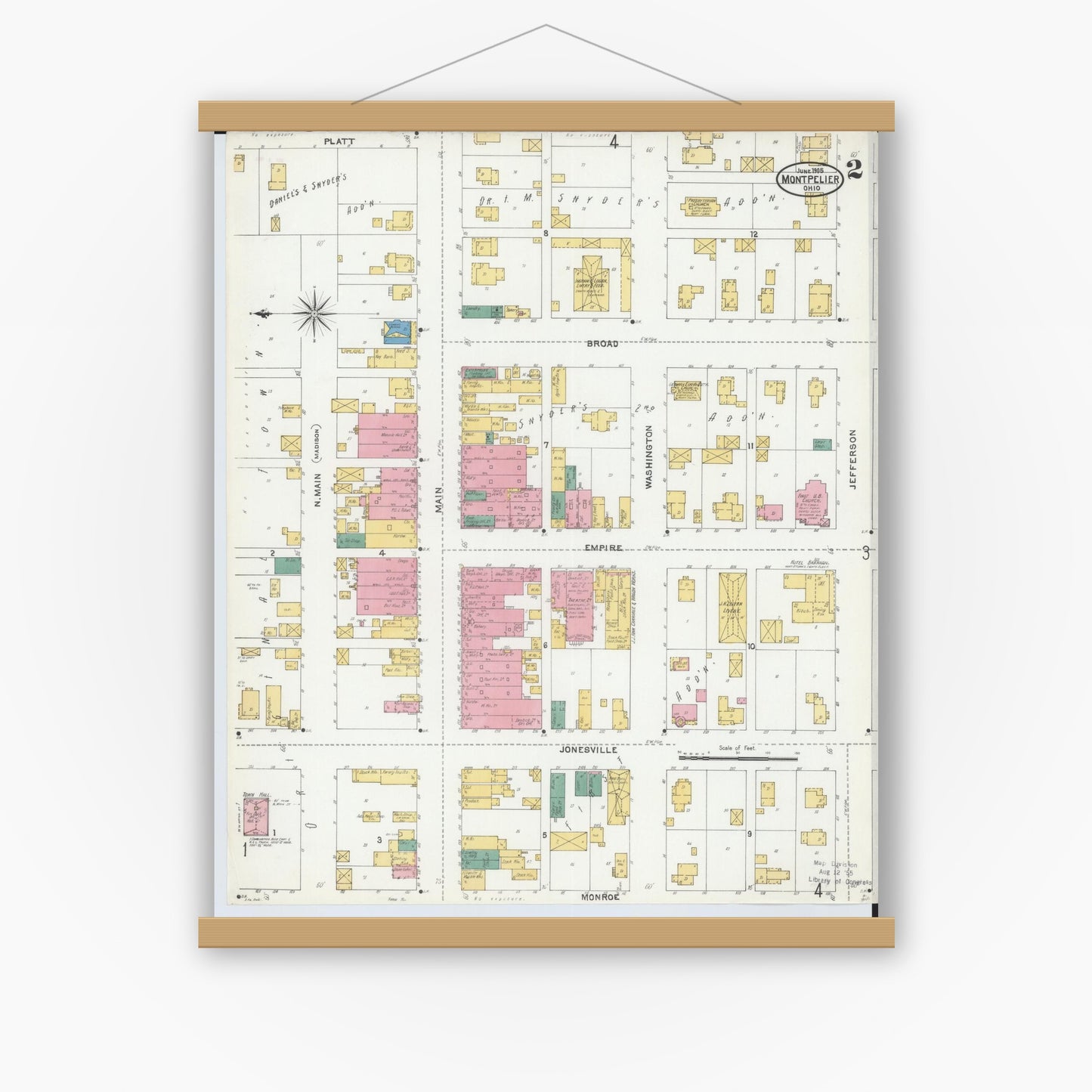 Old map wall art mockup — magnetic wood frame on white wall — Sanborn Fire Insurance Map from Montpelier, Williams County, Ohio (1905), Sheet #0002