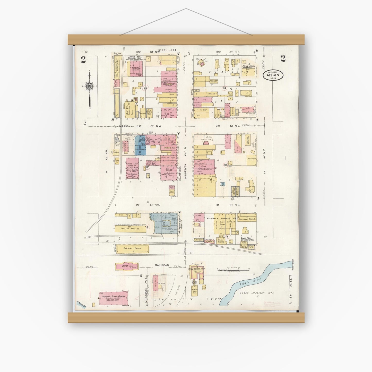 Old map wall art mockup — magnetic wood frame on white wall — Sanborn Fire Insurance Map from Aitkin, Aitkin County, Minnesota (1936), Sheet #0002