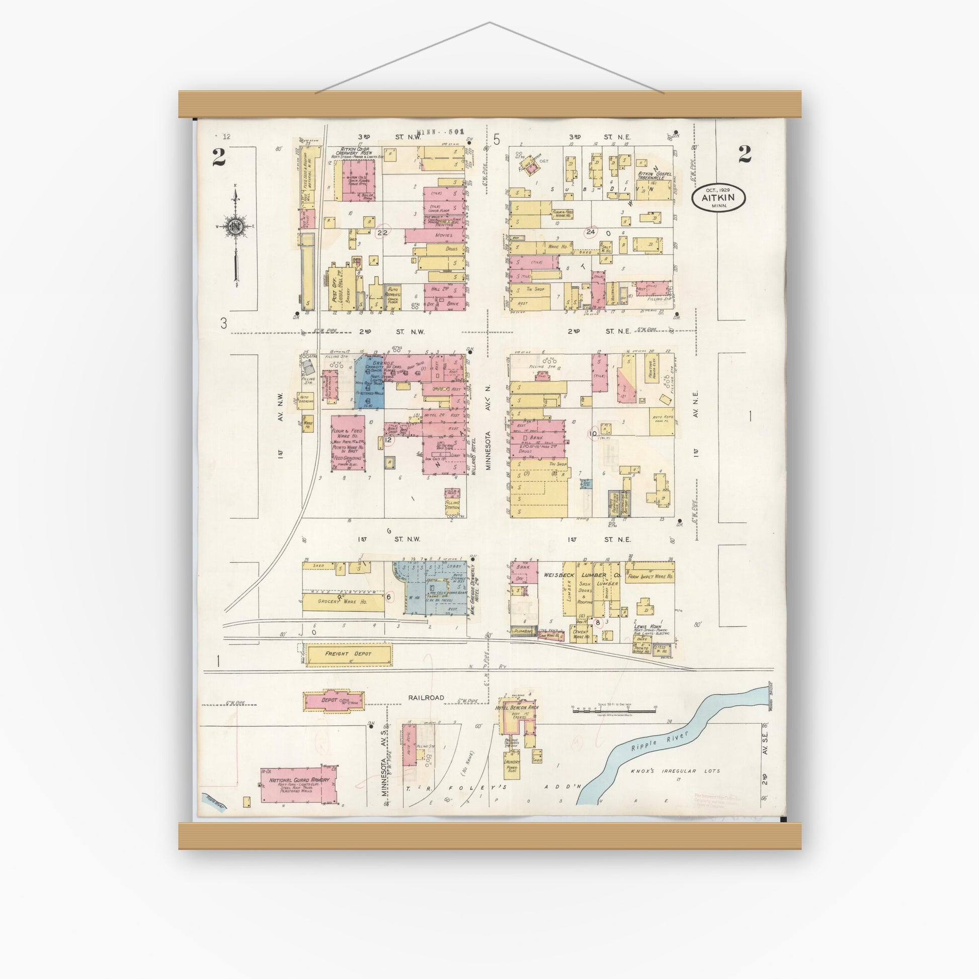 Old map wall art mockup — magnetic wood frame on white wall — Sanborn Fire Insurance Map from Aitkin, Aitkin County, Minnesota (1936), Sheet #0002