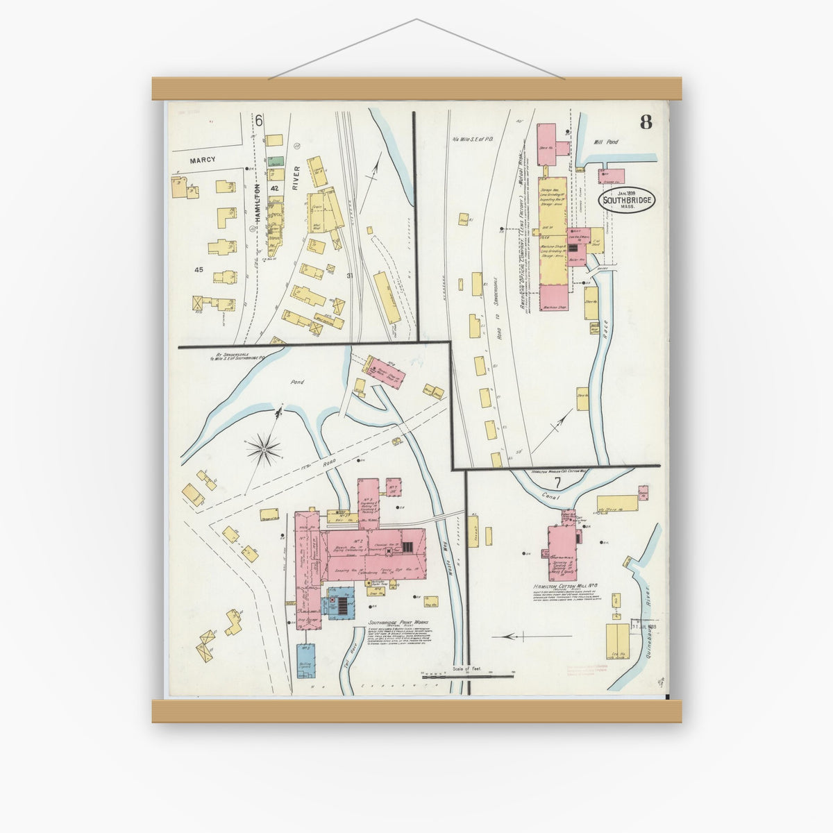 Old map wall art mockup — magnetic wood frame on white wall — Sanborn Fire Insurance Map from Southbridge, Worcester County, Massachusetts (1899), Sheet #0008