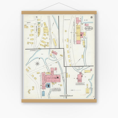 Old map wall art mockup — magnetic wood frame on white wall — Sanborn Fire Insurance Map from Southbridge, Worcester County, Massachusetts (1899), Sheet #0008