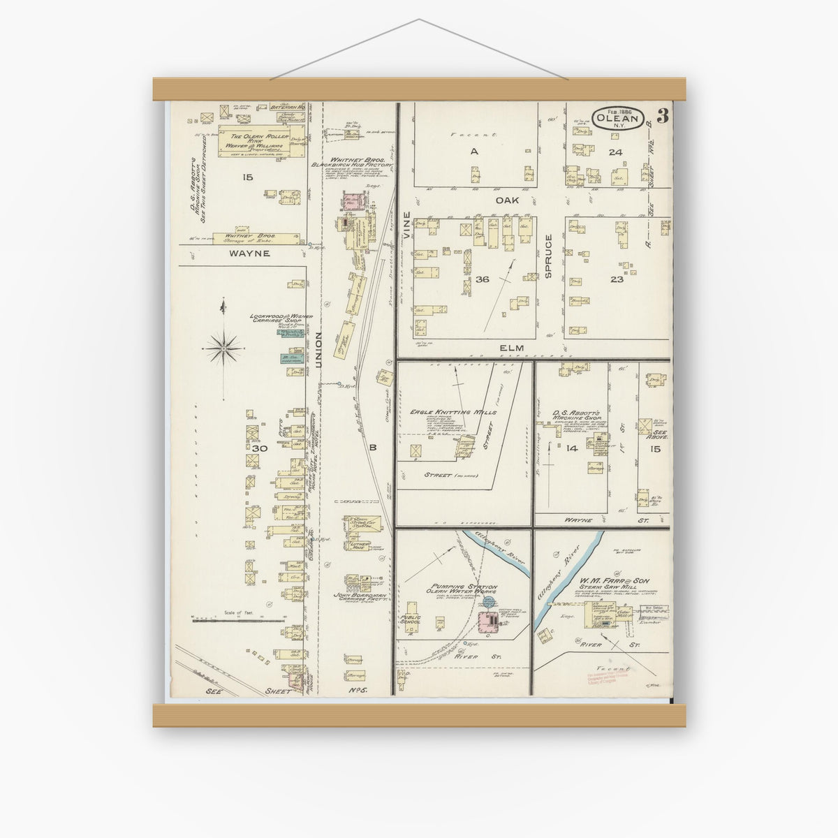 Old map wall art mockup — magnetic wood frame on white wall — Sanborn Fire Insurance Map from Olean, Cattaraugus County, New York (1886), Sheet #0003