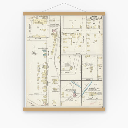 Old map wall art mockup — magnetic wood frame on white wall — Sanborn Fire Insurance Map from Olean, Cattaraugus County, New York (1886), Sheet #0003