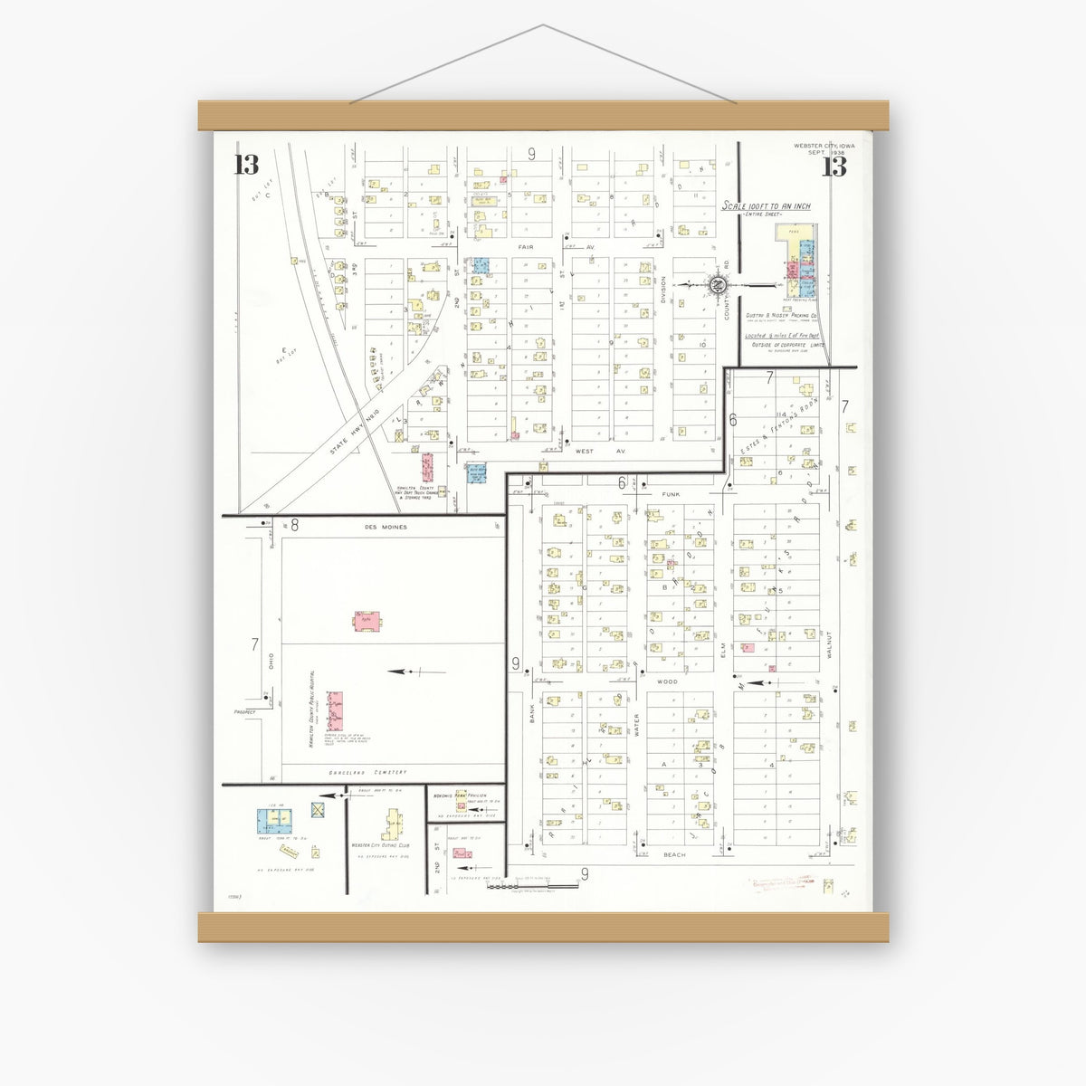 Old map wall art mockup — magnetic wood frame on white wall — Sanborn Fire Insurance Map from Webster City, Hamilton County, Iowa (1938), Sheet #0013