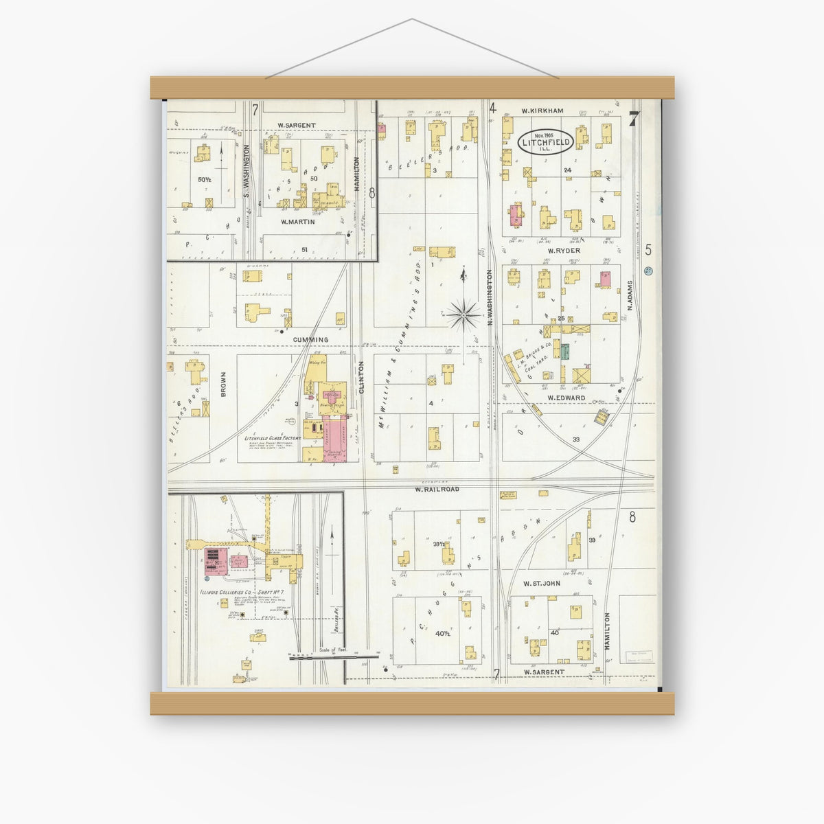 Old map wall art mockup — magnetic wood frame on white wall — Sanborn Fire Insurance Map from Litchfield, Montgomery County, Illinois (1905), Sheet #0007