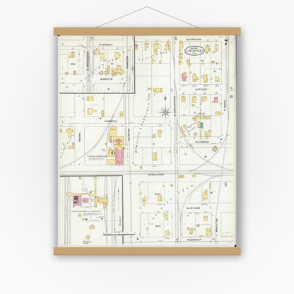 Old map wall art mockup — magnetic wood frame on white wall — Sanborn Fire Insurance Map from Litchfield, Montgomery County, Illinois (1905), Sheet #0007