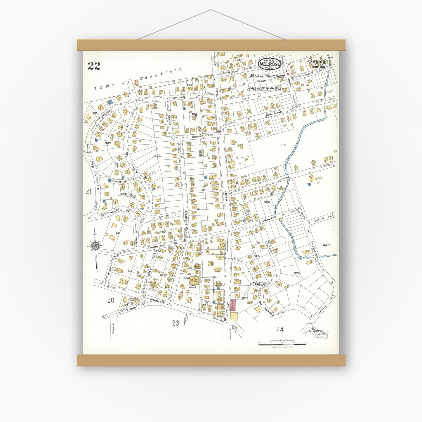 Old map wall art mockup — magnetic wood frame on white wall — Sanborn Fire Insurance Map from Melrose, Middlesex County, Massachusetts (1923), Sheet #0022